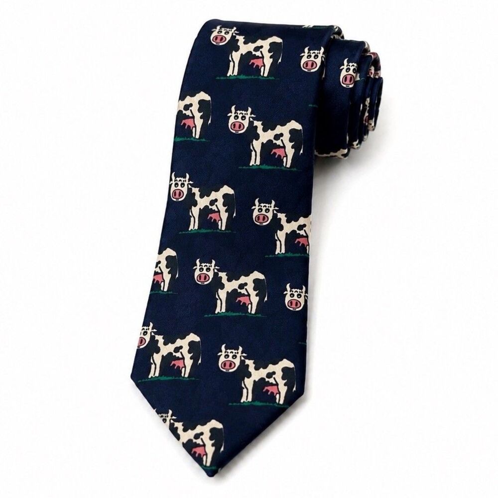 Vintage A. Rogers Novelty Cow Necktie Navy Blue Farm Animal Polyester Tie 59.5”